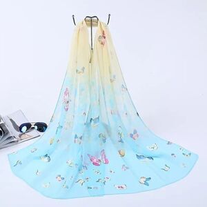 Chiffon Sky Blue Scarf Gradient Color Butterfly Print Head Wrap